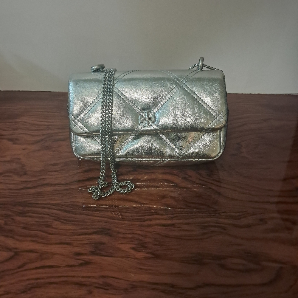 Tory Burch Mini Kira Metallic Silver Flap Bag